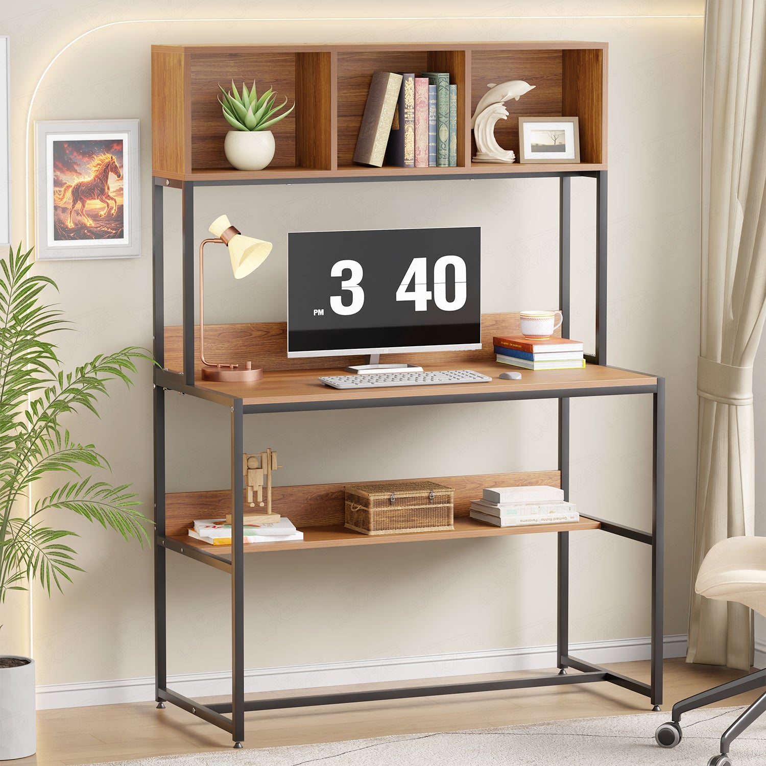 Lukzer Wooden & Metal Study Desk with 3 Storage Shelf & Open Bookshelf for Home (MST-011/Black & Oak Brown)