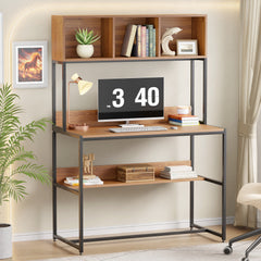 Lukzer Wooden & Metal Study Desk with 3 Storage Shelf & Open Bookshelf for Home (MST-011/Black & Oak Brown)