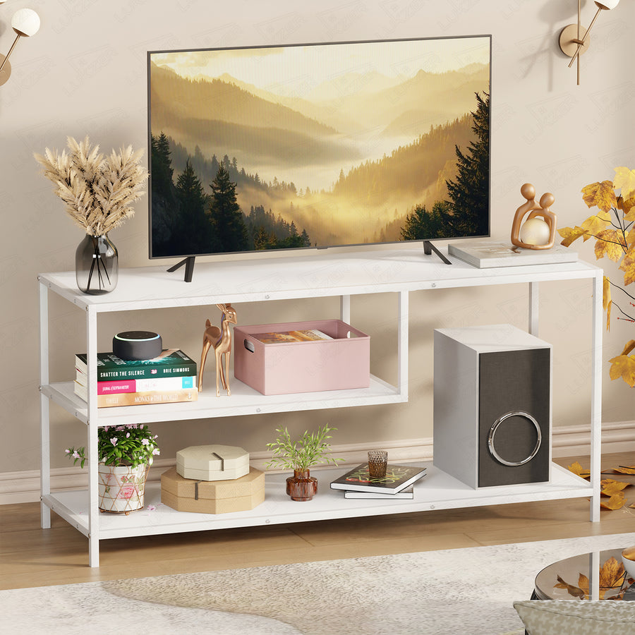 Lukzer Metal & Engineered Wood TV Unit Stand with Open Shelves (MTU-001) White & White