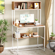 Lukzer Modern Study Table with Open Bookshelf & Hutch (MST-010/White & Oak Brown)