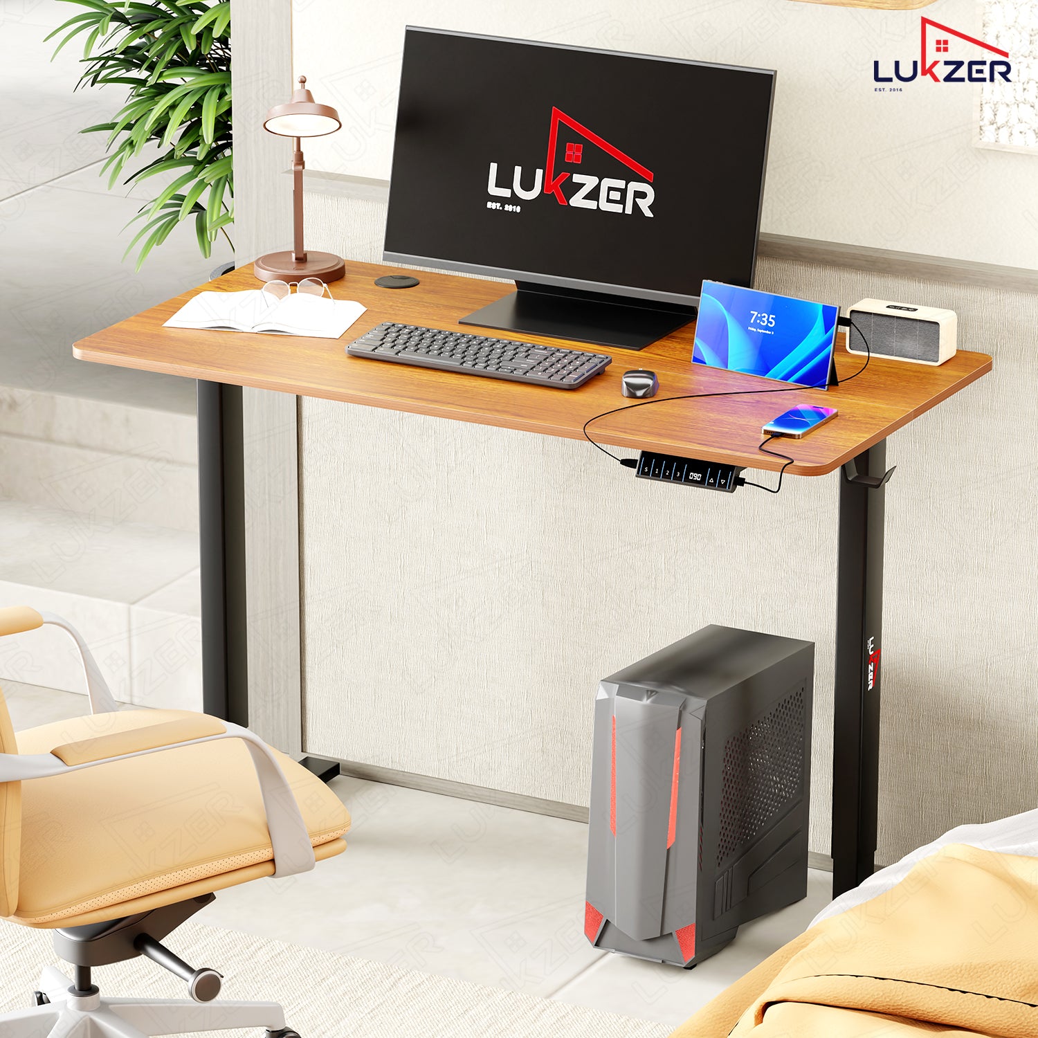 Lukzer Electric Height Adjustable Desk with USB & Type-C Study Table (EST-003/UC-Black & Oak Brown) 3-Years Warranty