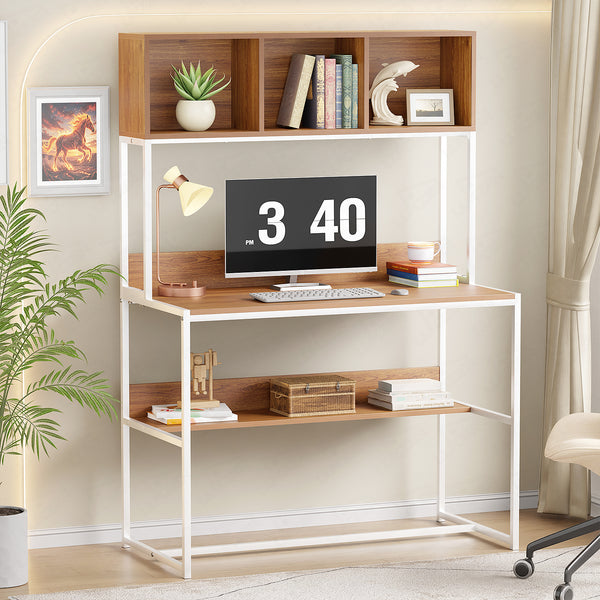 Lukzer Wooden & Metal Study Desk with 3 Storage Shelf & Open Bookshelf for Home (MST-011/White & Oak Brown)