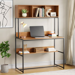 Lukzer Wooden & Metal Study Desk with 3 Storage Shelf & Open Bookshelf for Home (MST-011/Black & Oak Brown)