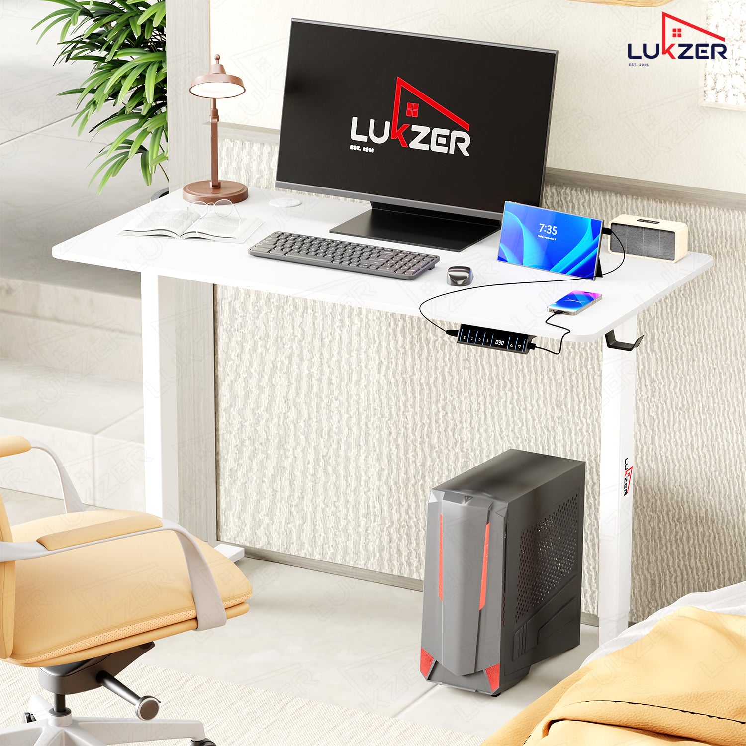 Lukzer Electric Height Adjustable Desk with USB & Type-C Study Table (EST-003/UC-White & White) 3-Years Warranty