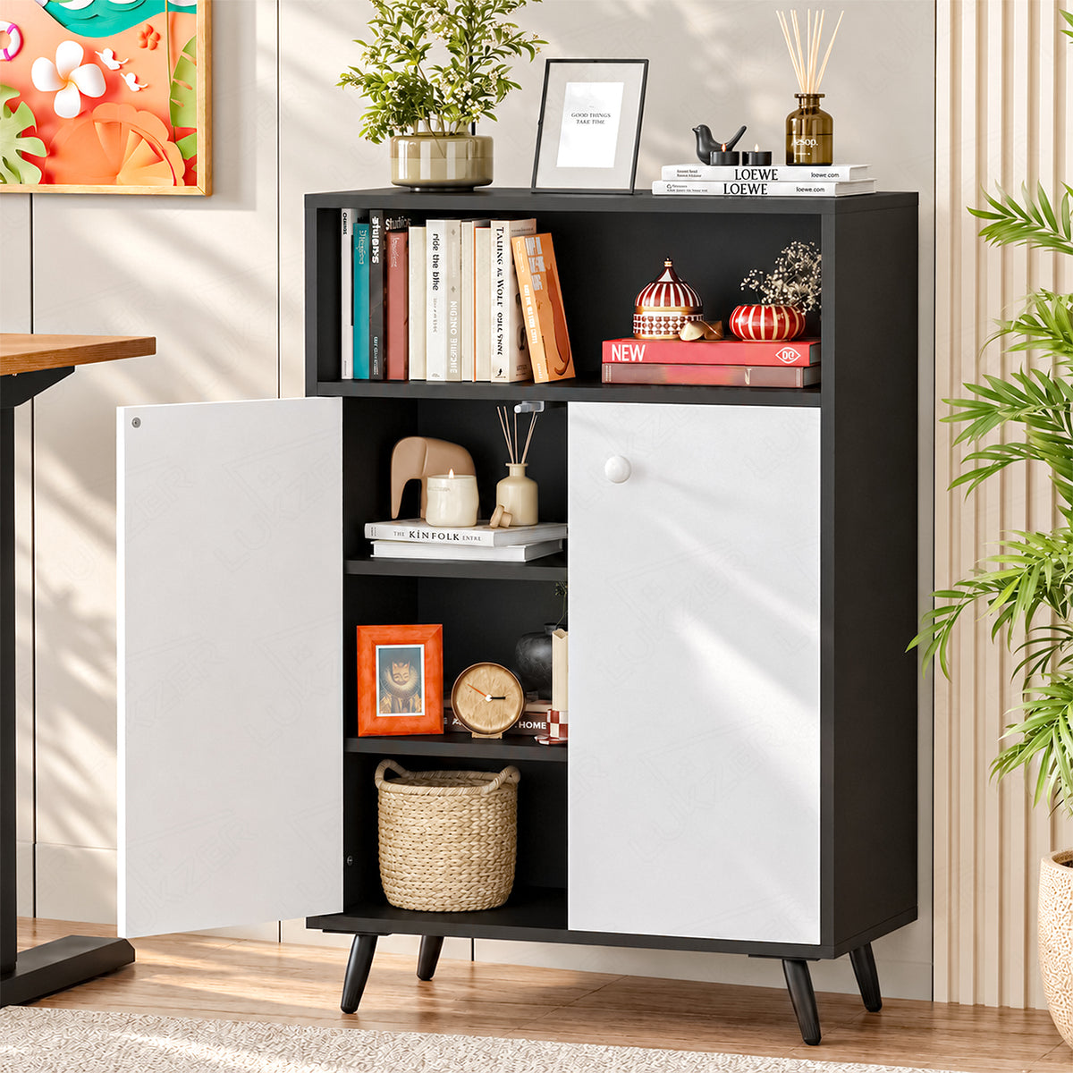 Lukzer Wooden Book Shelf & Storage Cabinet with White Doors (MR-034/Black)
