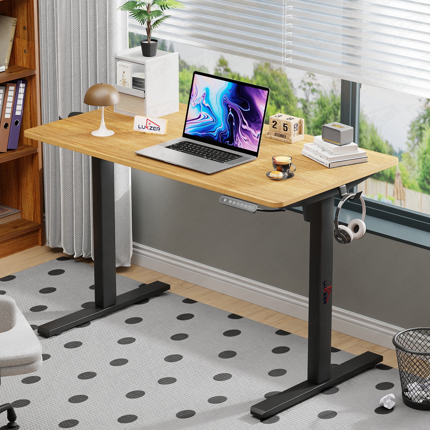 Lukzer Electric Automatic Height Adjustable Sit Stand Desk EST-003 ( Black & Oak Light )