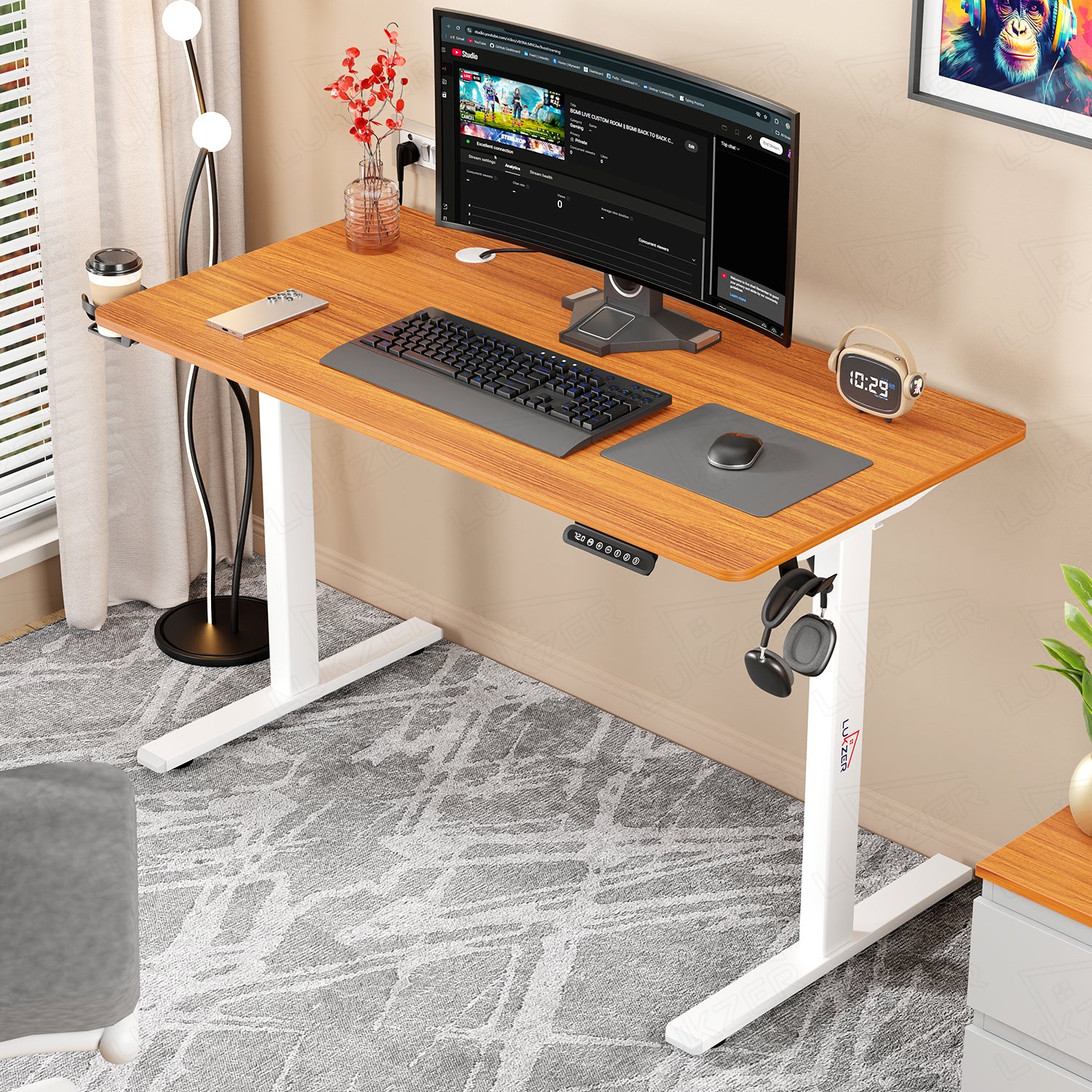 Lukzer Electric Automatic Height Adjustable Sit Stand Desk EST-003 ( White & Oak Brown ) 3-Years Warranty