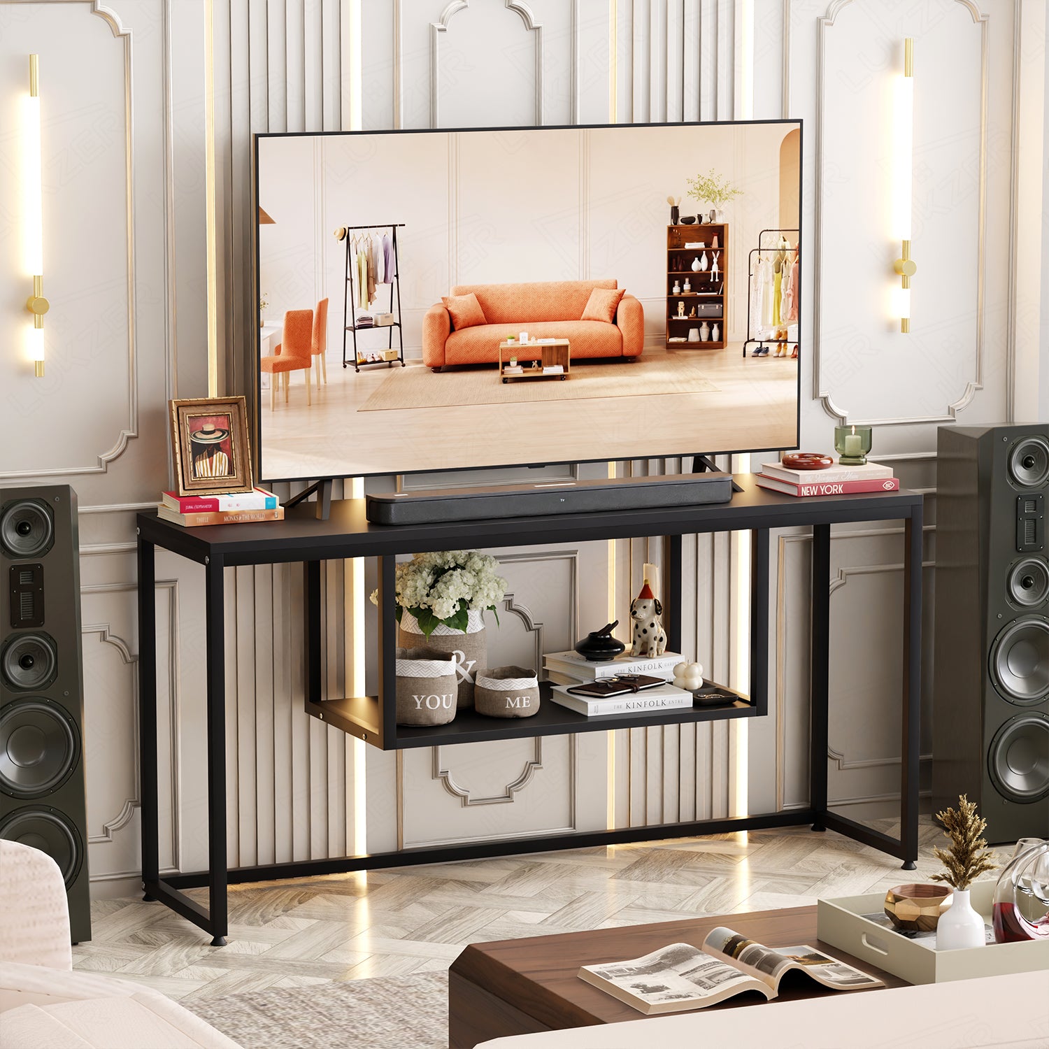 Lukzer TV Unit Stand for TVs up to 43 Inch Engineered Wood with Metal (MTU-002/Black & Black)