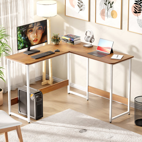 Lukzer Engineered Wood L-Shaped Corner Study and Computer Table for Home or Office (MST-007) white & Oak Brown