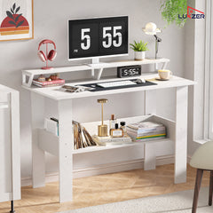 Lukzer Study Table with Monitor Riser & Open Book Shelf (MST-004/White)
