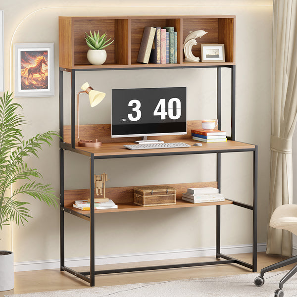 Lukzer Wooden & Metal Study Desk with 3 Storage Shelf & Open Bookshelf for Home (MST-011/Black & Oak Brown)