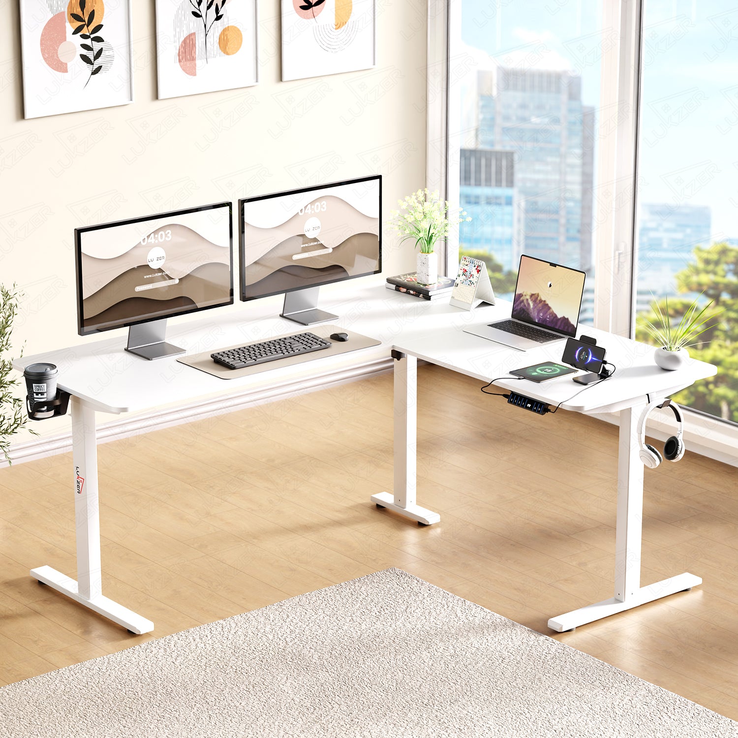 Lukzer Electric Height Adjustable Desk with USB & Type-C Study Table (EST-001/UC-White & White) 3-Years Warranty