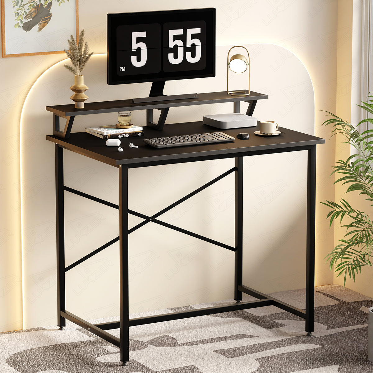 Lukzer X-Support Study Table with Monitor Riser for Home Office (MST-009/Black & Black)