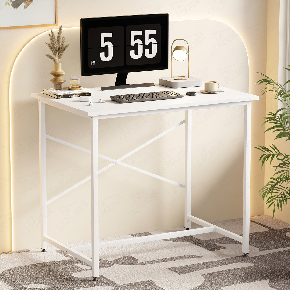 Lukzer X-Support Metal Frame & Engineered Wood Study Table for Home & Office (MST-008) white & white