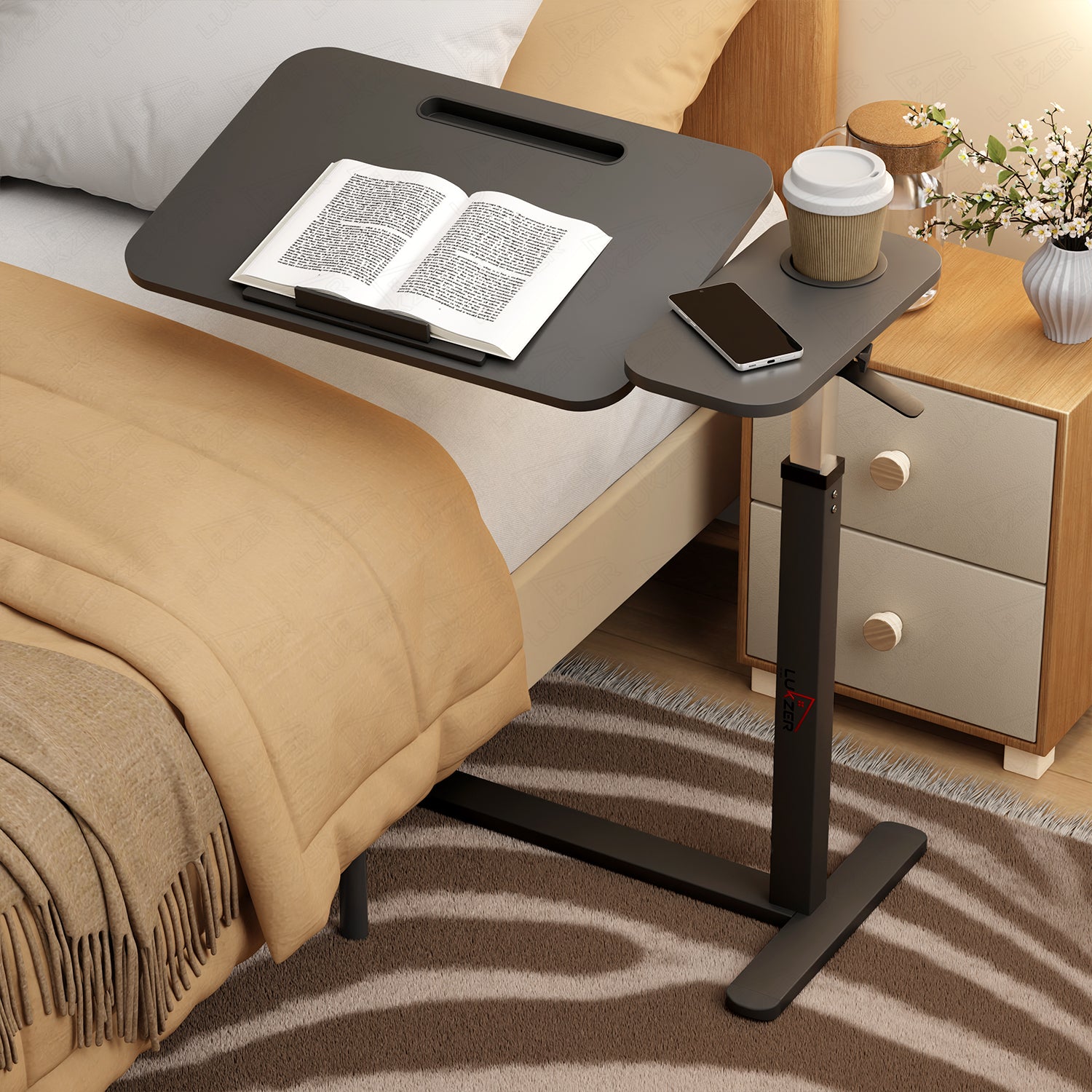 Lukzer Adjustable Overbed Study Table with Tilt Top, Cupholder & Wheels (MST-003/Black & Black)