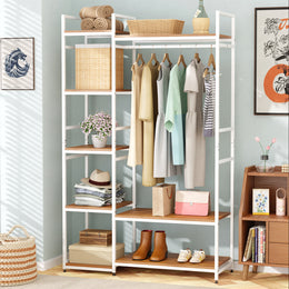 Lukzer Heavy Duty Garment Rack with 8 Shelves & Hanging Rod (MMR-004/White & Oak Brown)