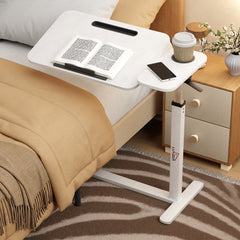 Lukzer Adjustable Overbed Study Table with Tilt Top, Cupholder & Wheels (MST-003/White & White)