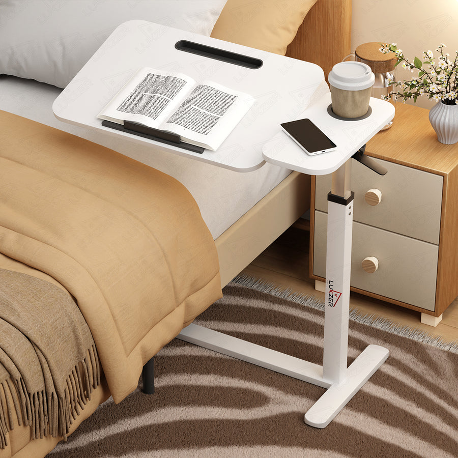 Lukzer Adjustable Overbed Study Table with Tilt Top, Cupholder & Wheels (MST-003/White & White)