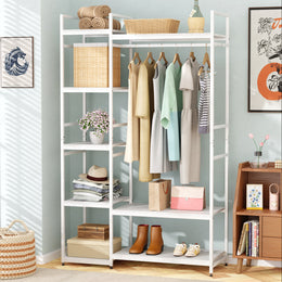 Lukzer Heavy Duty Garment Rack with 8 Shelves & Hanging Rod (MMR-004/White & White)