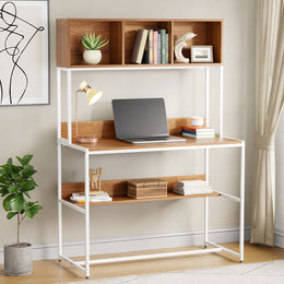 Lukzer Wooden & Metal Study Desk with 3 Storage Shelf & Open Bookshelf for Home (MST-011/White & Oak Brown)