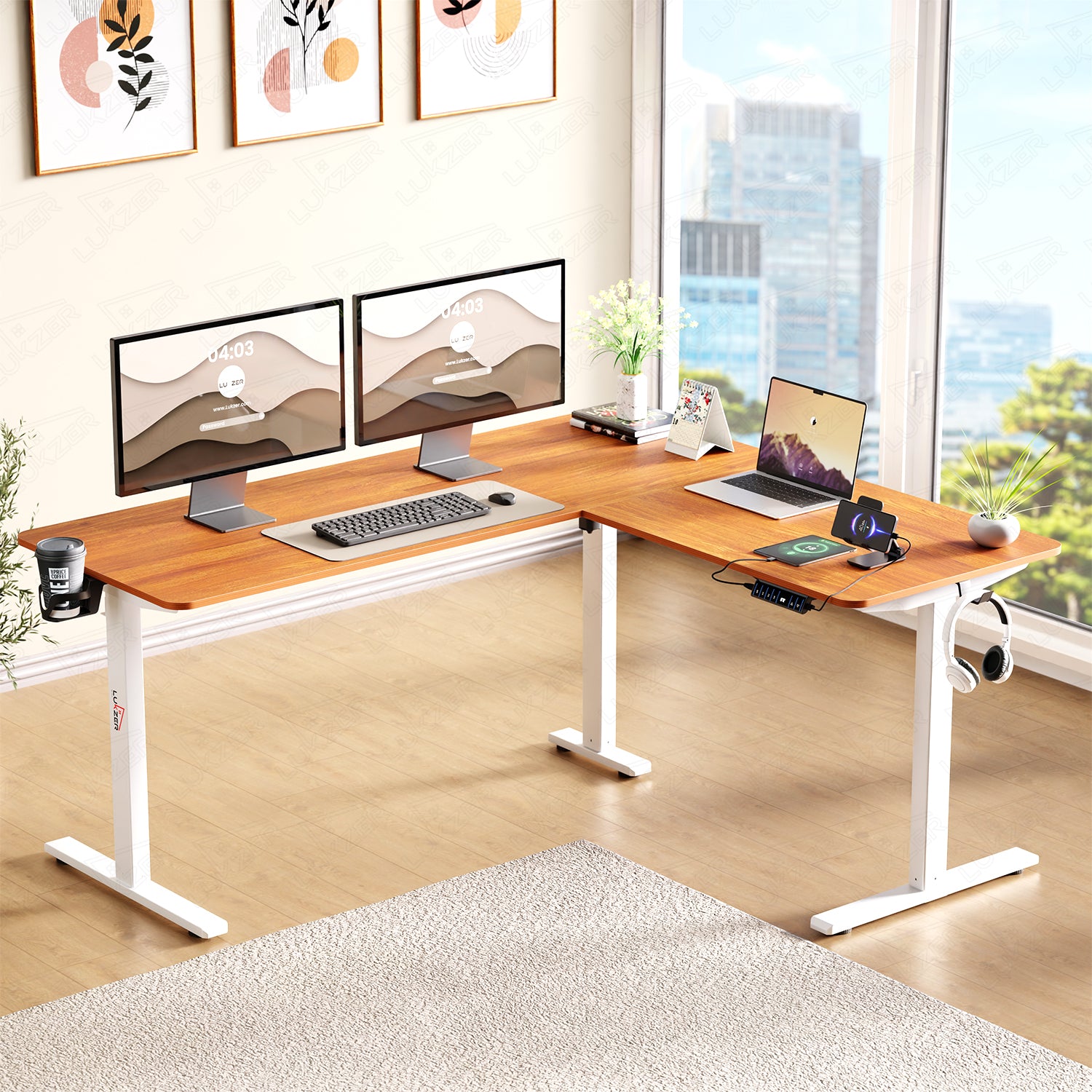 Lukzer Electric Height Adjustable Desk with USB & Type-C Study Table (EST-001/UC-White & Oak Brown) 3-Years Warranty