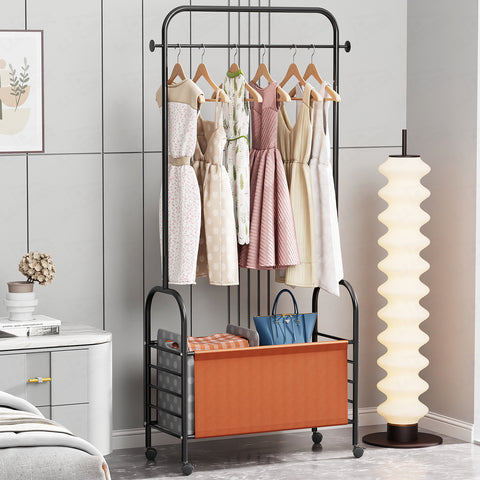 Lukzer Metal Clothes Rail Stand with 4 Side Hooks & 1-Tier Leather Storage Bin, 360° Rotating Wheels | Garment Rack Organizer for Bedroom, Closet, Dorm, Laundry | MGR-009 (171 x 75 x 35)