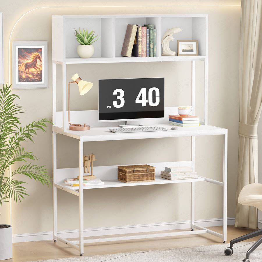Lukzer Wooden & Metal Study Desk with 3 Storage Shelf & Open Bookshelf for Home (MST-011/White & White)