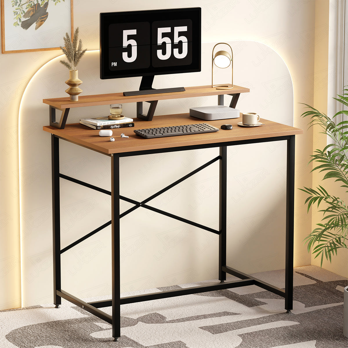 Lukzer X-Support Study Table with Monitor Riser for Home Office (MST-009/Black & Oak Brown)