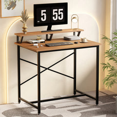 Lukzer X-Support Study Table with Monitor Riser for Home Office (MST-009/Black & Oak Brown)