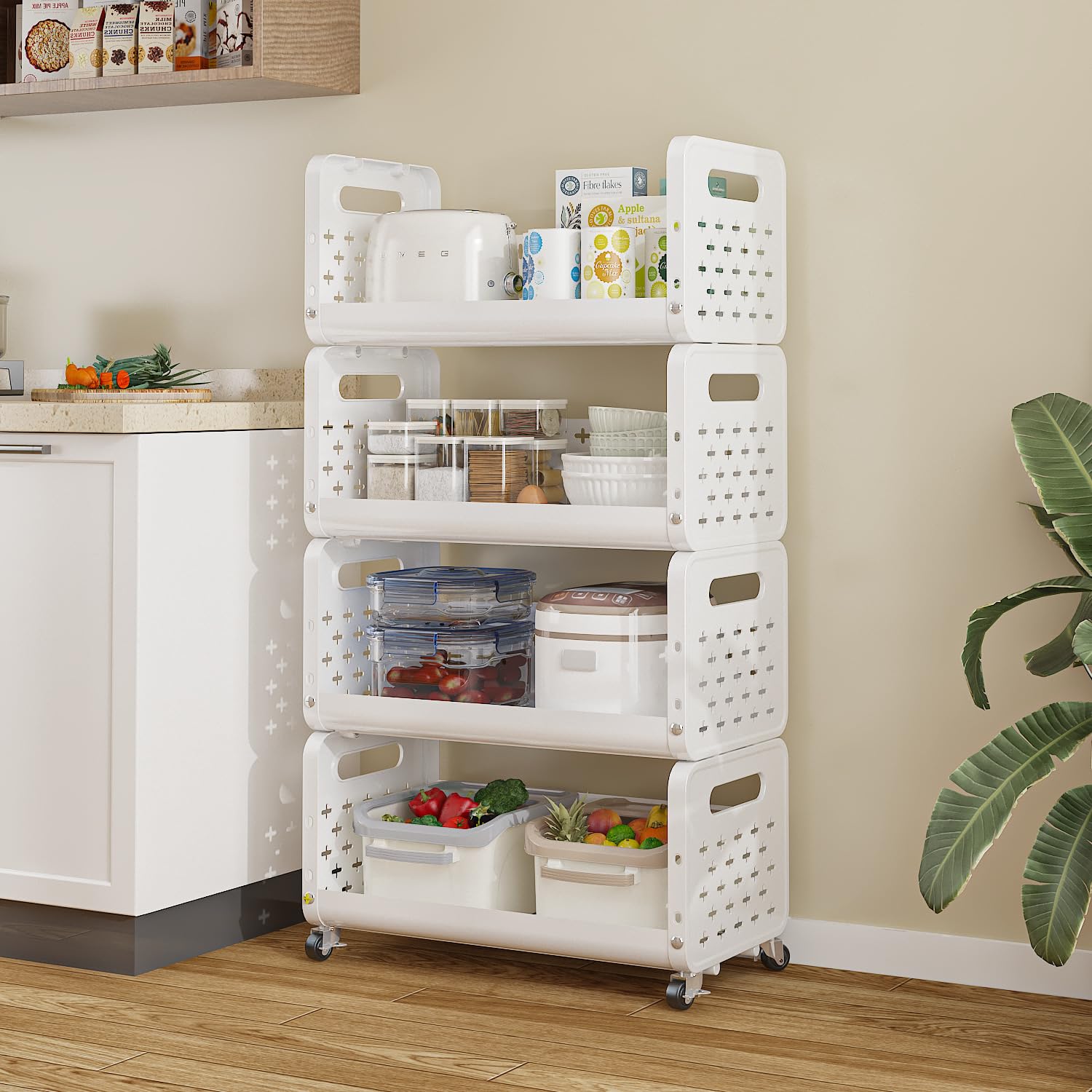 Lukzer 4-Tier Multipurpose Detachable Kitchen Storage Rack with Wheels (PMR-002/White)
