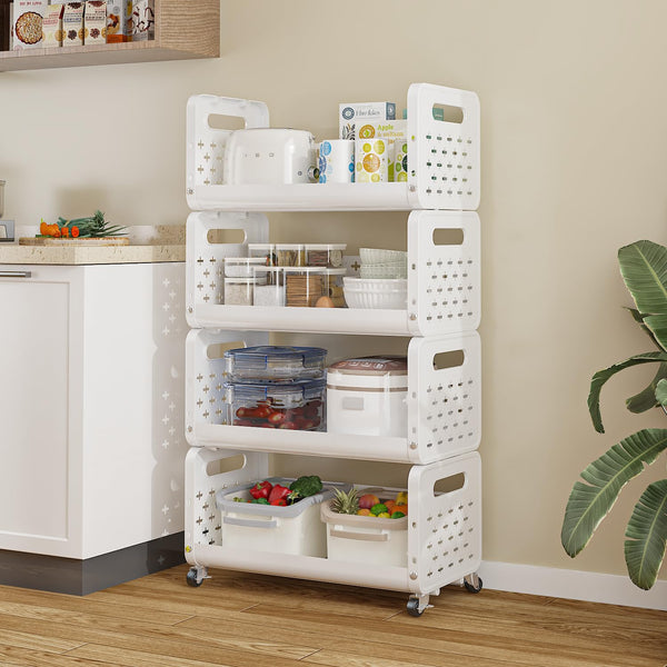 Lukzer 4-Tier Multipurpose Detachable Kitchen Storage Rack with Wheels (PMR-002/White)