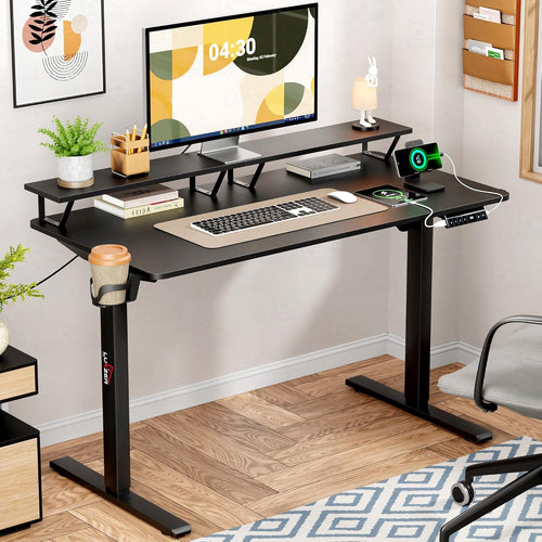 Lukzer Electric Height Adjustable Desk with Monitor Riser USB & Type-C Sit-Stand Table (EST-004/Black & Black)
