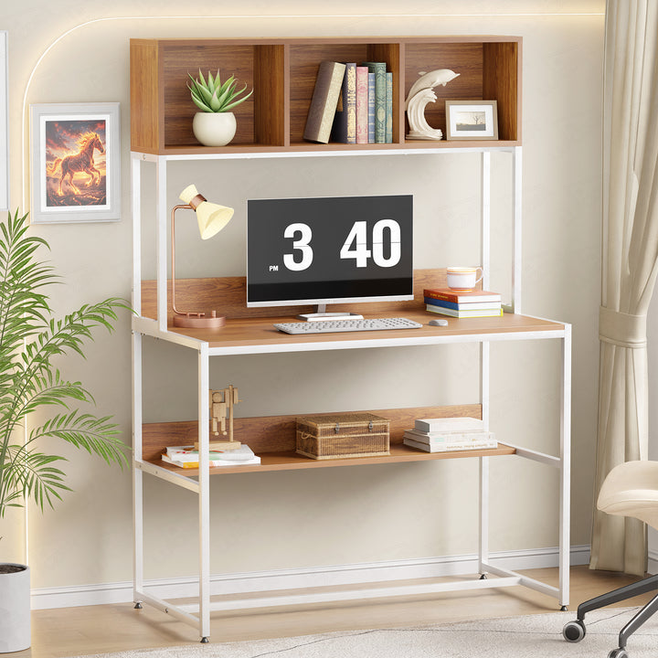 Lukzer Wooden & Metal Study Desk with 3 Storage Shelf & Open Bookshelf for Home (MST-011/White & Oak Brown)