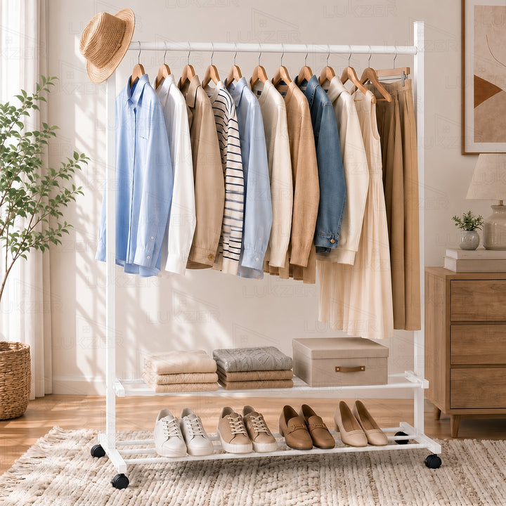 Lukzer Single Rod Metal Garment Rack with Wheels & 2 Bottom Shelves (White)