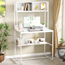 Lukzer Modern Study Table with Open Bookshelf & Hutch (MST-010/White & White)