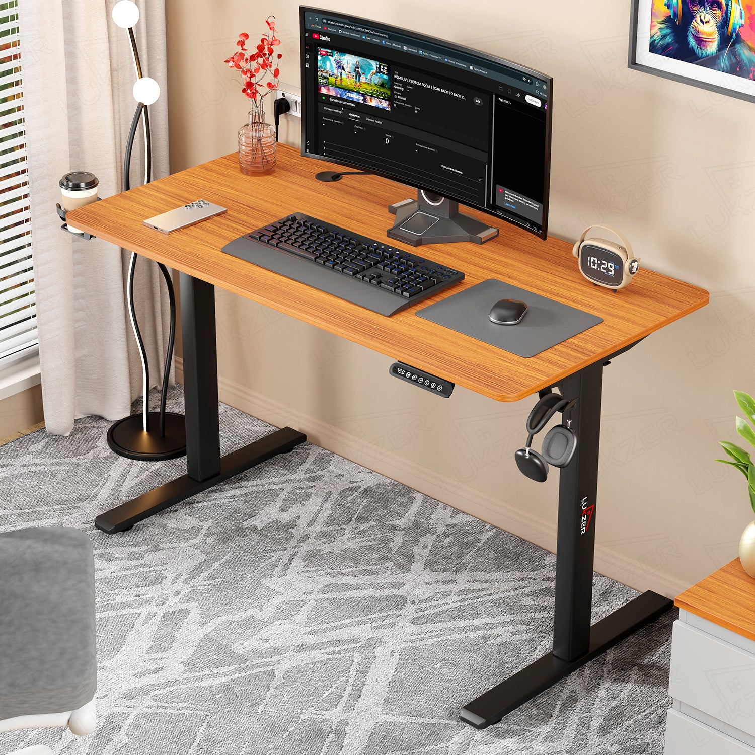 Lukzer Electric Automatic Height Adjustable Sit Stand Desk EST-003 ( Black & Oak Brown ) 3-Years Warranty