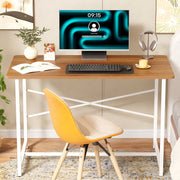 Lukzer Engineered Wood Study Table with X-Support Metal Frame & Adjustable Footpad (MST-009/White & Oak Brown)