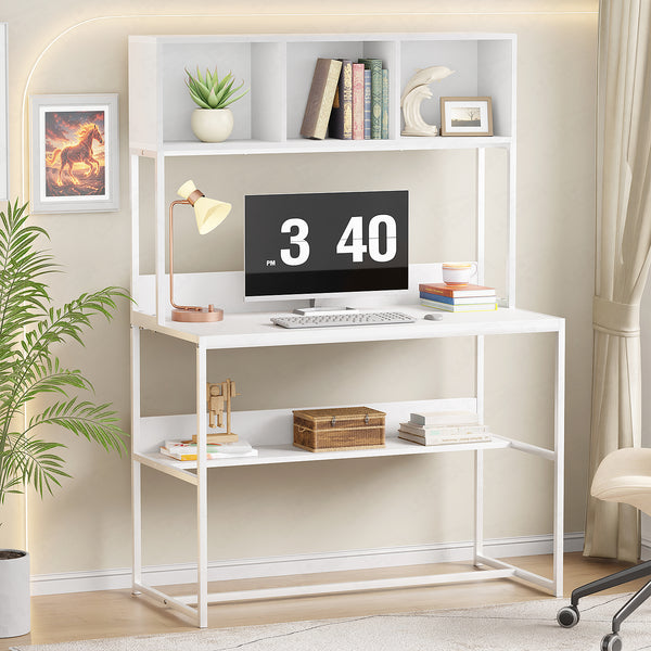 Lukzer Wooden & Metal Study Desk with 3 Storage Shelf & Open Bookshelf for Home (MST-011/White & White)