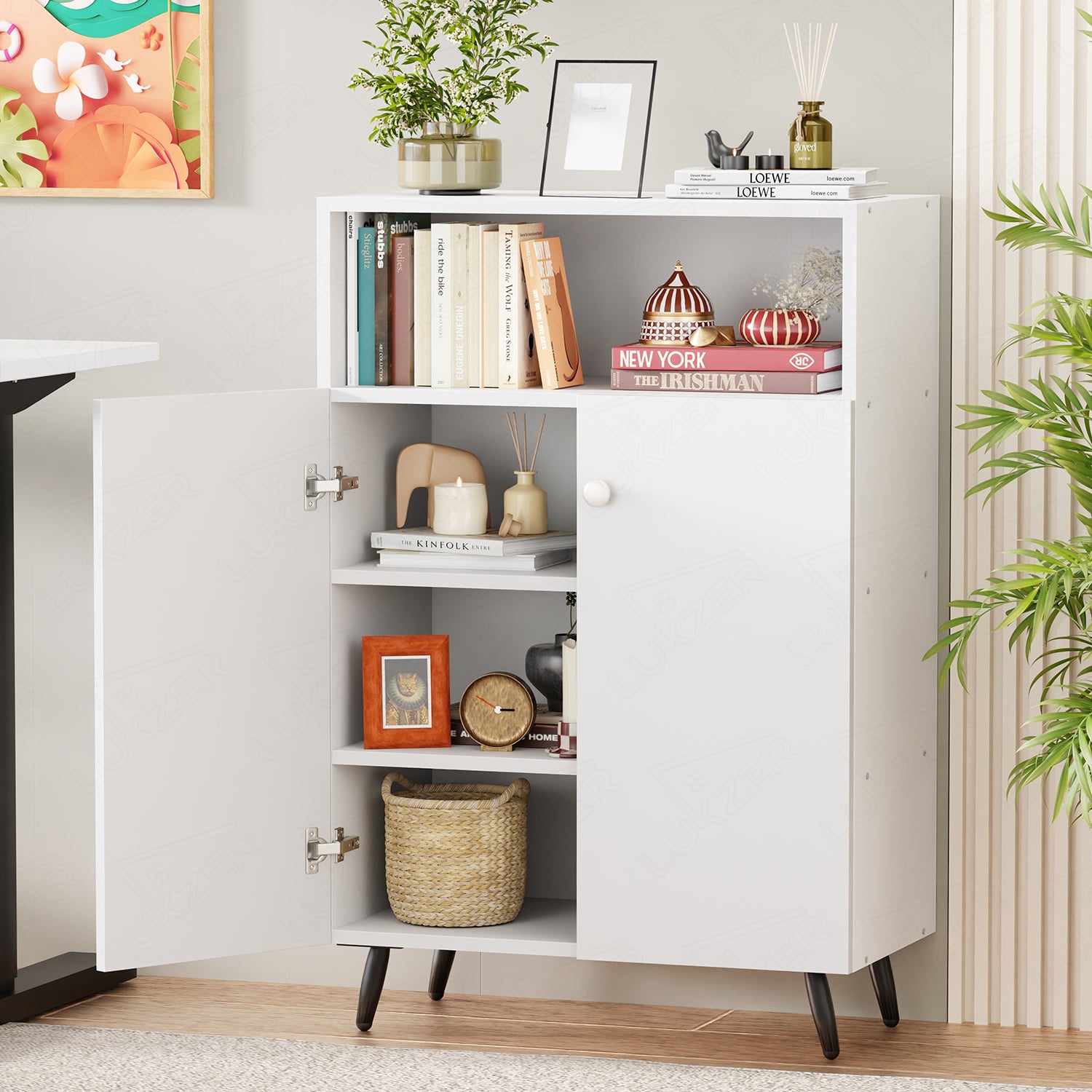 Lukzer Wooden Book Shelf & Storage Cabinet with White Doors (MR-034/White)
