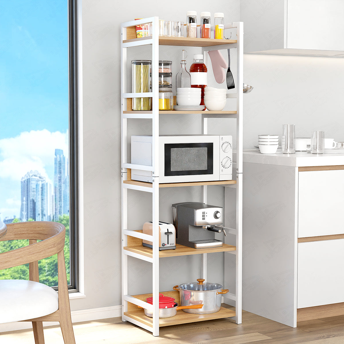Lukzer 5-Tier Multipurpose Metal & Wood Kitchen Storage Rack (MKR-005/Oak Light with White)