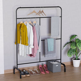 Lukzer Multi-Purpose Metal Garment Stand with Multi-Level Hanging Bars – 145x109x40cm (Black/Gold/White, Model: MGS-005)