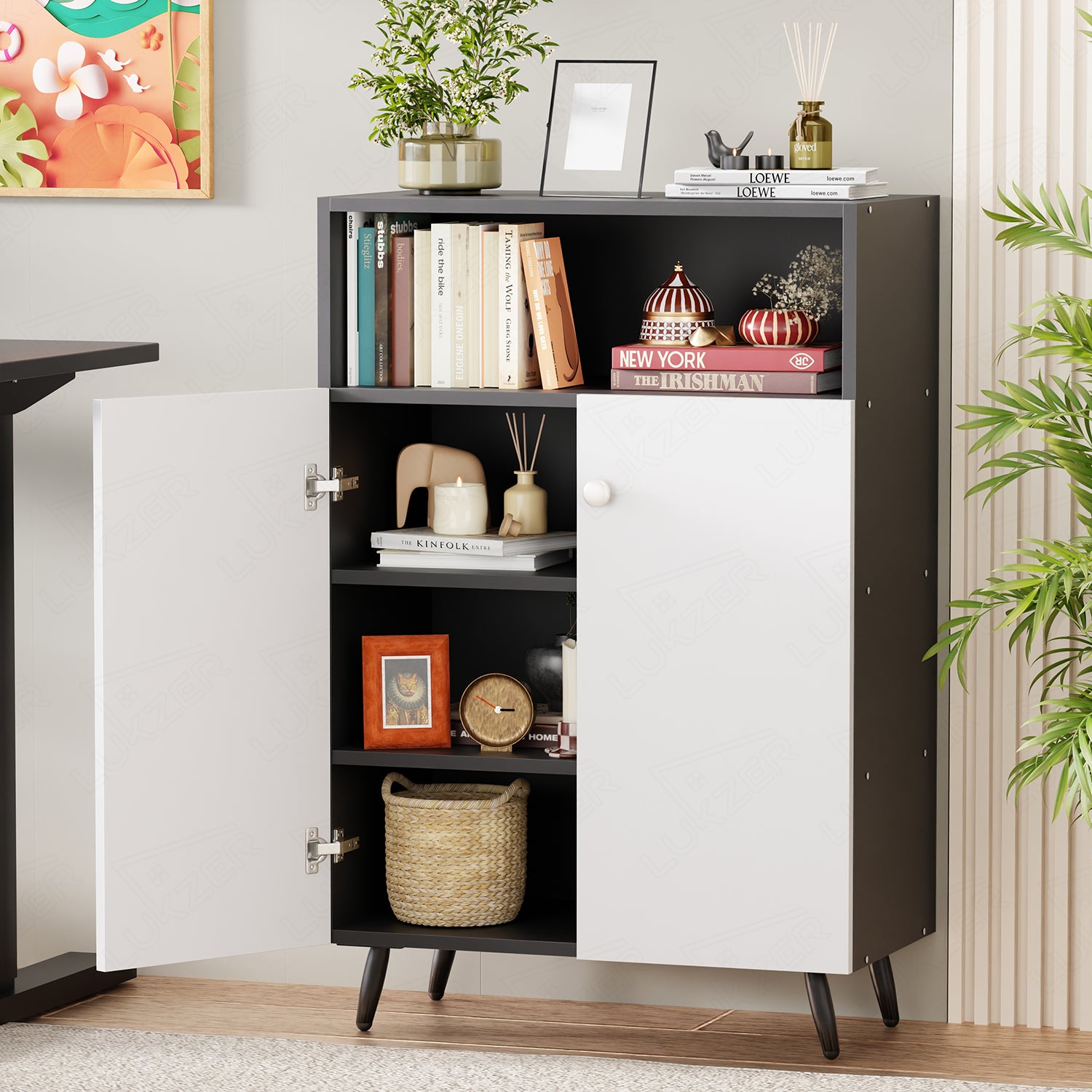 Lukzer Wooden Book Shelf & Storage Cabinet with White Doors (MR-034/Black)