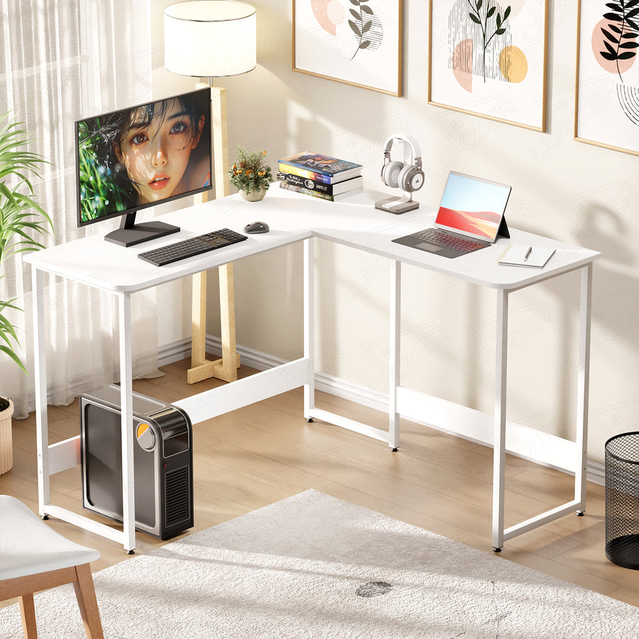 Lukzer Engineered Wood L-Shaped Corner Study and Computer Table for Home or Office (MST-007) white & white