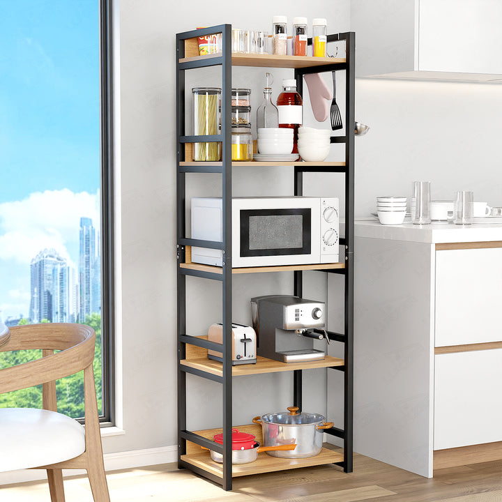 Lukzer 5-Tier Multipurpose Metal & Wood Kitchen Storage Rack (MKR-005/Oak Light with Black)