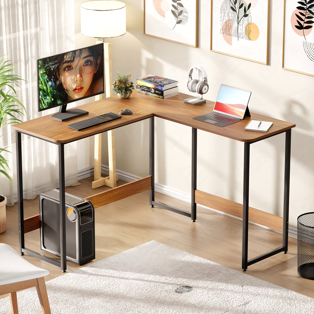 Lukzer Engineered Wood L-Shaped Corner Study and Computer Table for Home or Office (MST-007) Black & Oak Brown