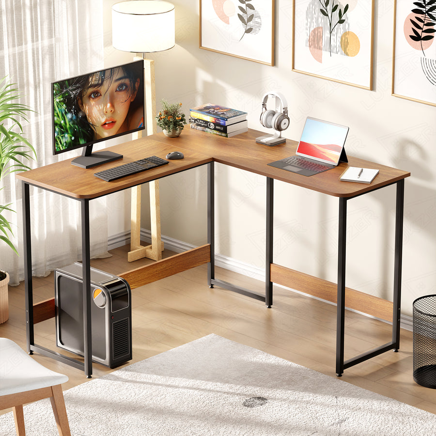 Lukzer Engineered Wood L-Shaped Corner Study and Computer Table for Home or Office (MST-007) Black & Oak Brown
