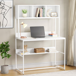 Lukzer Wooden & Metal Study Desk with 3 Storage Shelf & Open Bookshelf for Home (MST-011/White & White)