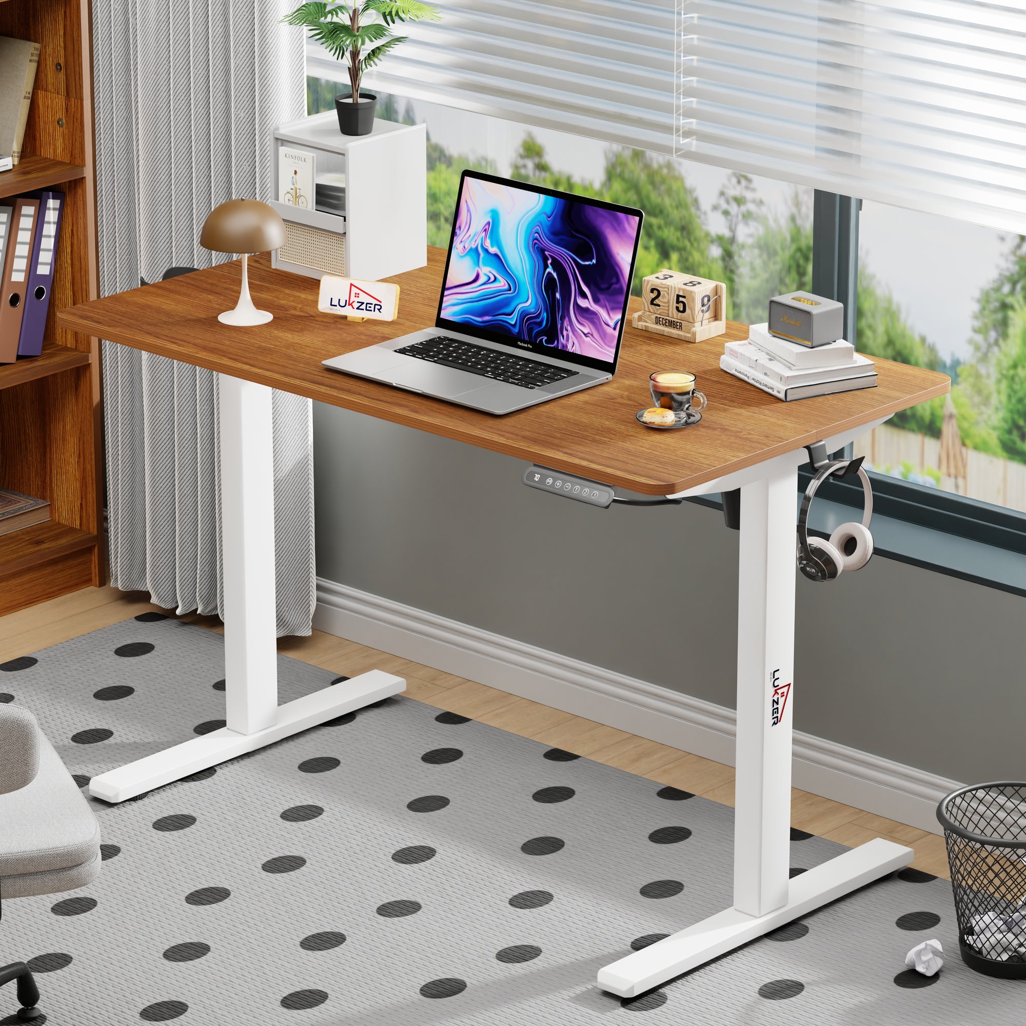 Lukzer Electric Automatic Height Adjustable Sit Stand Desk for Home &amp; Office | EST - 003 | (Black &amp; Oak Brown/Black &amp; Light Oak/Black &amp; Black/White &amp; White/White &amp; Oak Light/White &amp; Oak Brown)