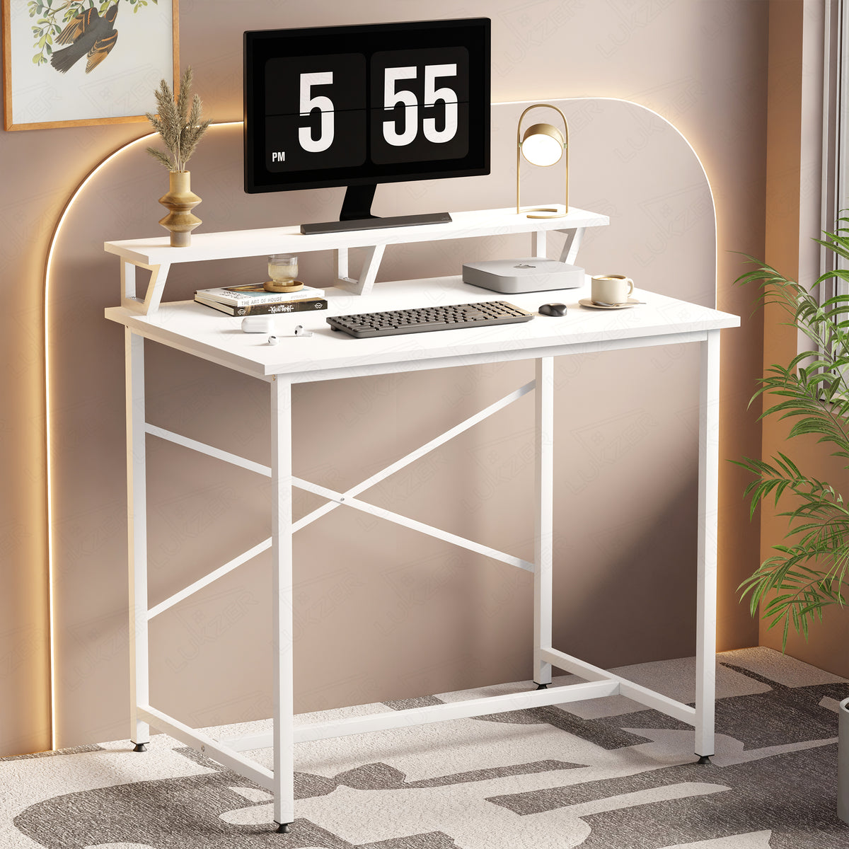 Lukzer X-Support Study Table with Monitor Riser for Home Office (MST-009/White & White)