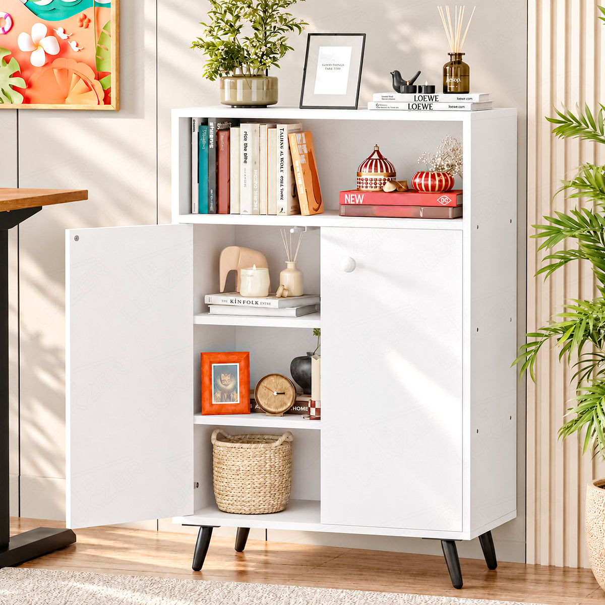 Lukzer Wooden Book Shelf & Storage Cabinet with White Doors (MR-034/White)